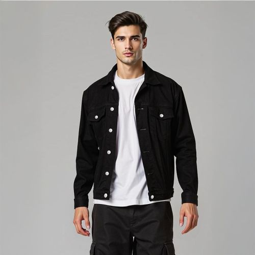 Men's Denim Biker Jacket - Black