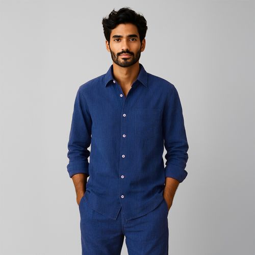 Men's Linen Classic Collar Shirt - Navy Blue
