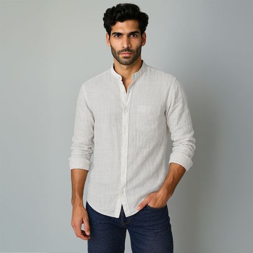 Men's Linen Mandarin Collar Shirt - Dawn Blue