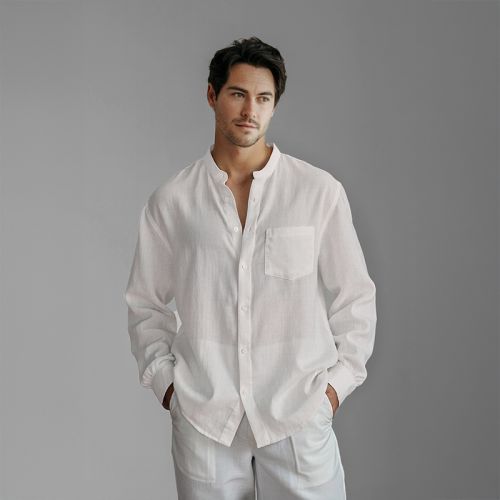 Men's Linen Mandarin Collar Shirt - White