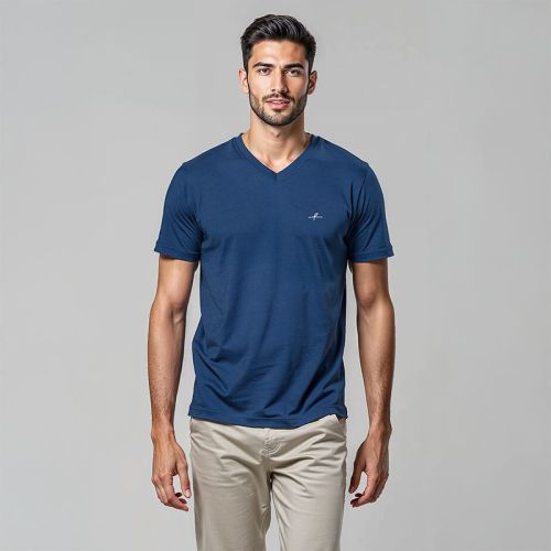 Men's Cotton Jersey V-Neck Tshirt - Navy Blue