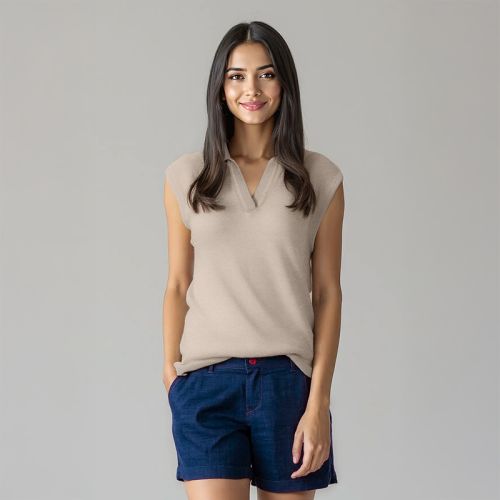 Women's Flat Knit Sleeveless Polo Shirt - Beige