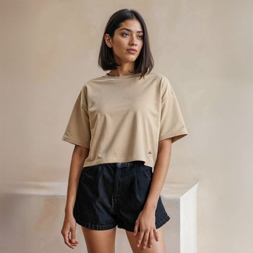 Women's French Terry Crop T-shirt - Beige