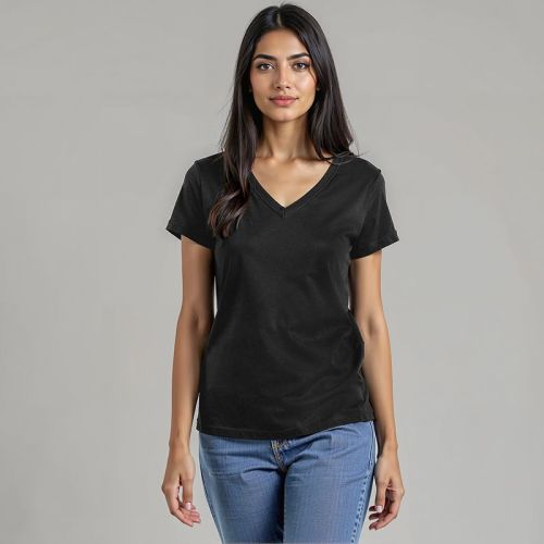 Women's Cotton Jersey V-Neck Tshirt - Black