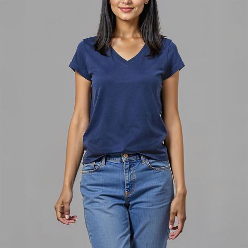 Women's Cotton Jersey V-Neck Tshirt - Dark Blue